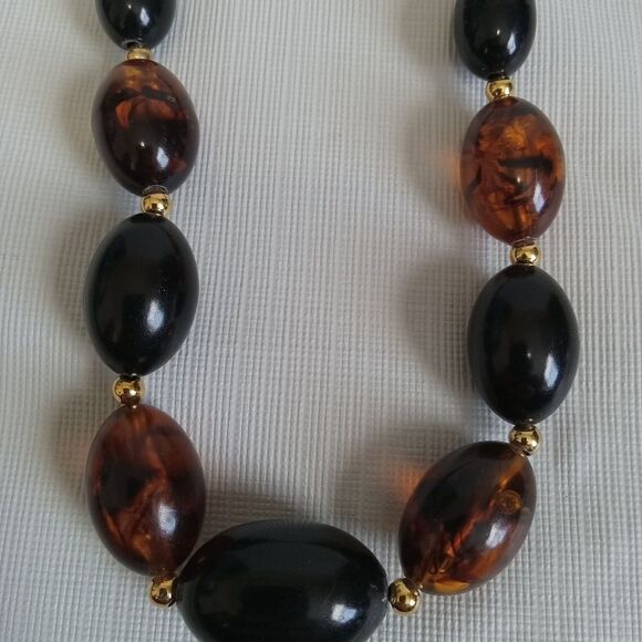Vintage Black & Brown Transparent Ovoid Beaded Single Strand Layering Necklace - Picture 3 of 9